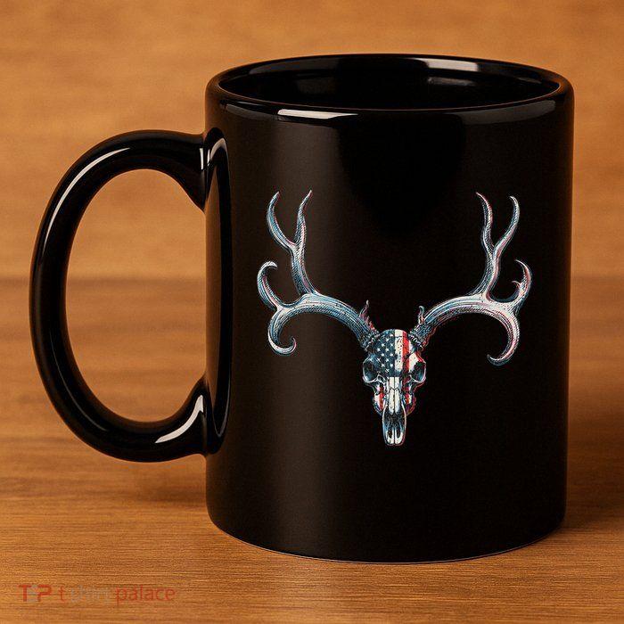 Mule Deer Hunting American Flag On Buck Skull 11oz C Handle Ceramic Mug