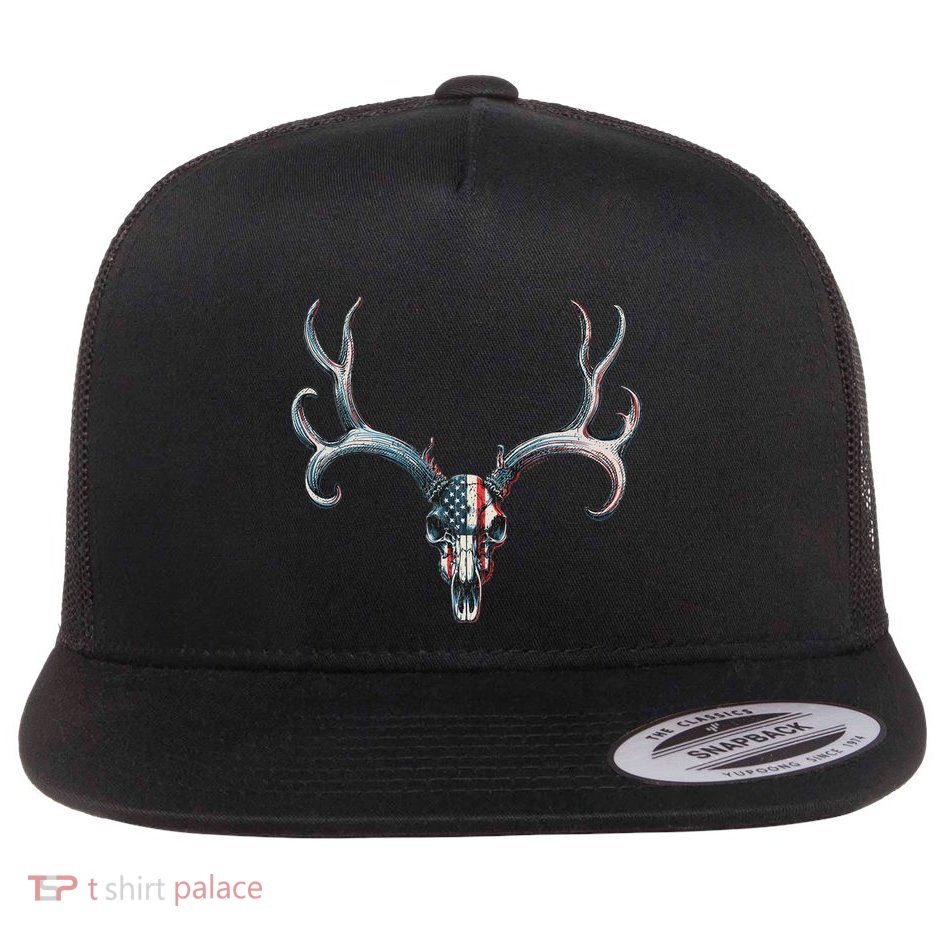 Mule Deer Hunting American Flag On Buck Skull Flatbill Hat