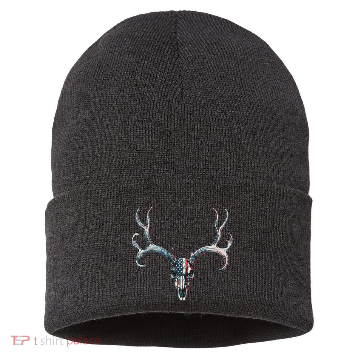 Mule Deer Hunting American Flag On Buck Skull Sustainable Knit Beanie