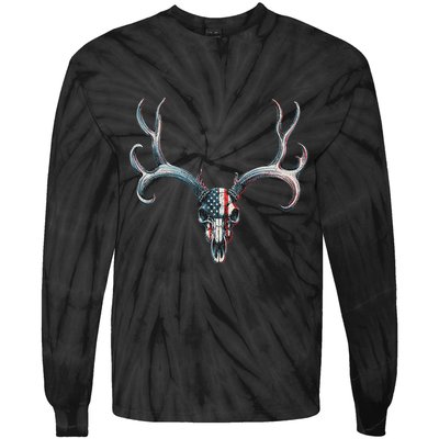 Mule Deer Hunting American Flag On Buck Skull Tie-Dye Long Sleeve Shirt