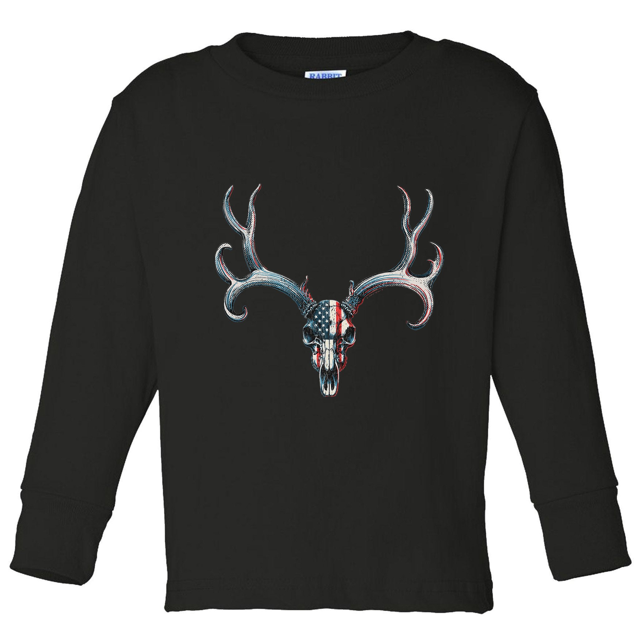 Mule Deer Hunting American Flag On Buck Skull Toddler Long Sleeve Shirt