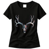 Mule Deer Hunting American Flag On Buck Skull Womens T-Shirt