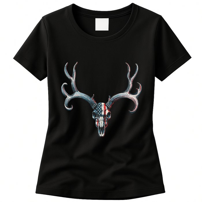Mule Deer Hunting American Flag On Buck Skull Womens T-Shirt