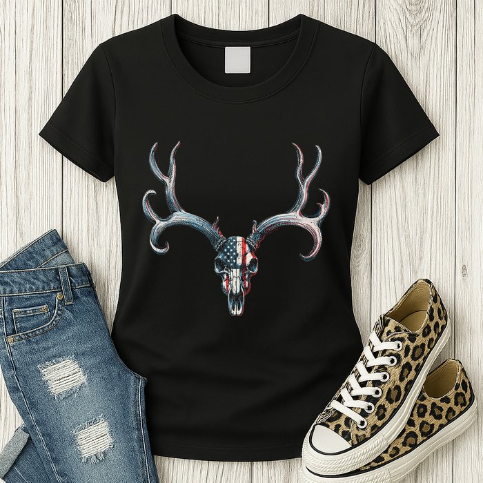 Mule Deer Hunting American Flag On Buck Skull Womens T-Shirt