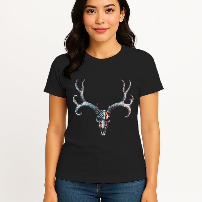 Mule Deer Hunting American Flag On Buck Skull Womens T-Shirt