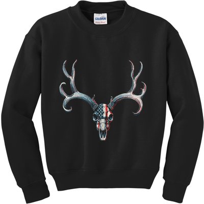 Mule Deer Hunting American Flag On Buck Skull Kids Sweatshirt