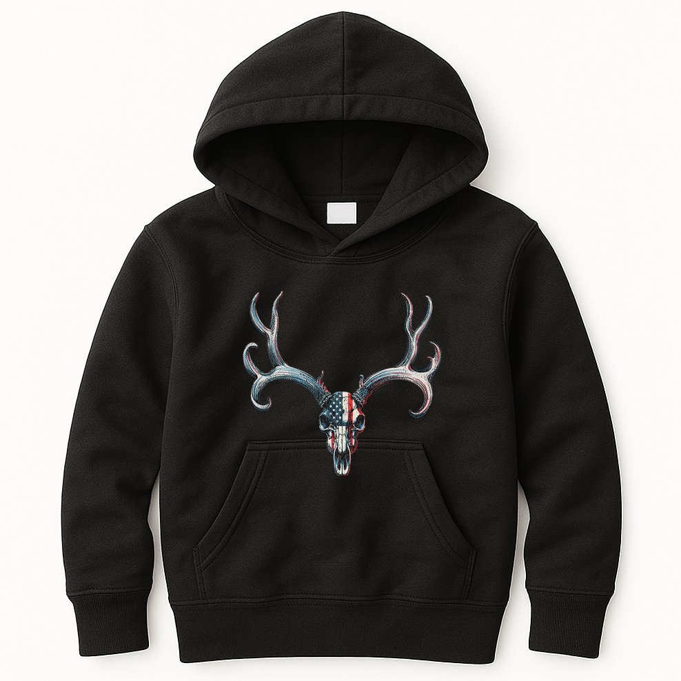 Mule Deer Hunting American Flag On Buck Skull Kids Hoodie