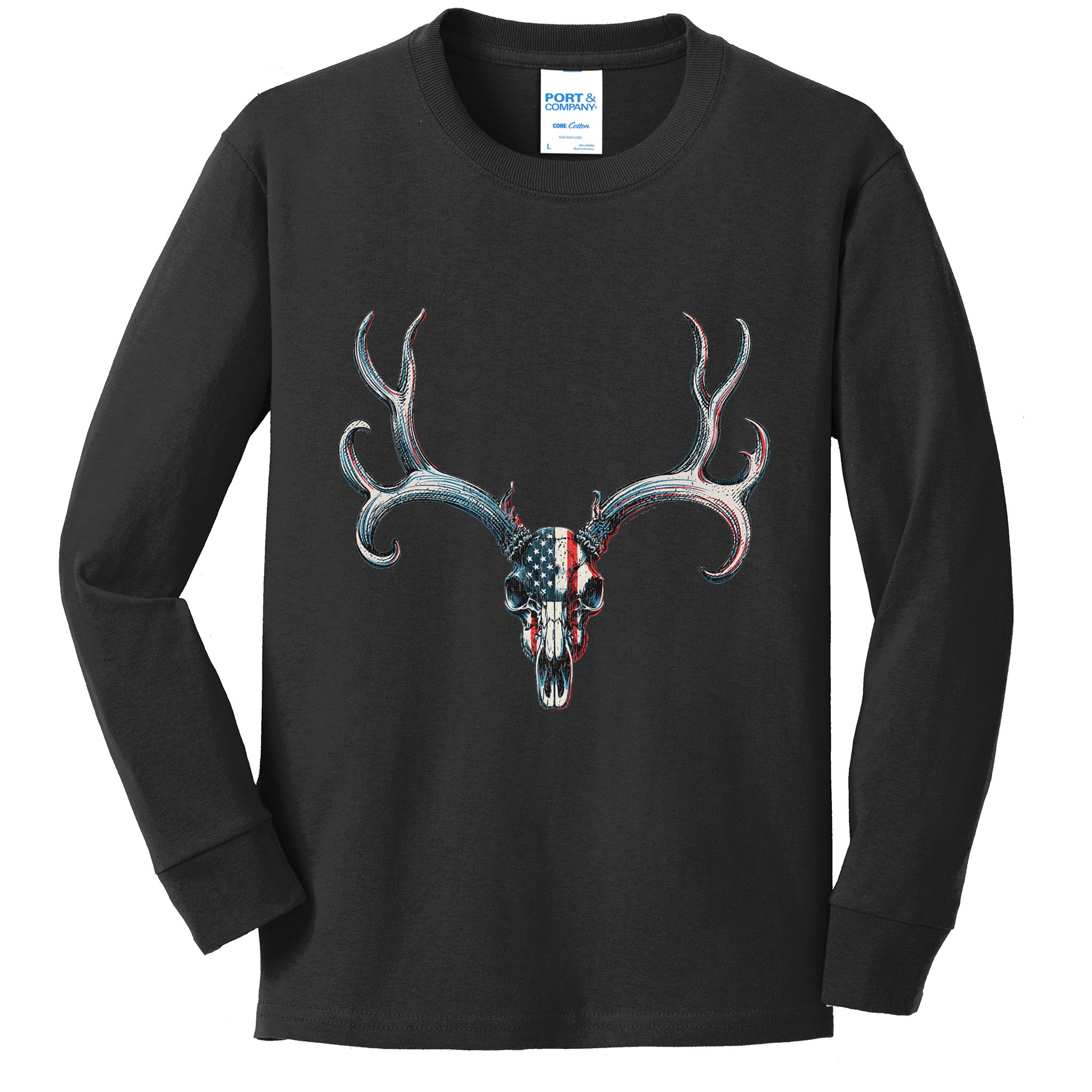 Mule Deer Hunting American Flag On Buck Skull Kids Long Sleeve Shirt