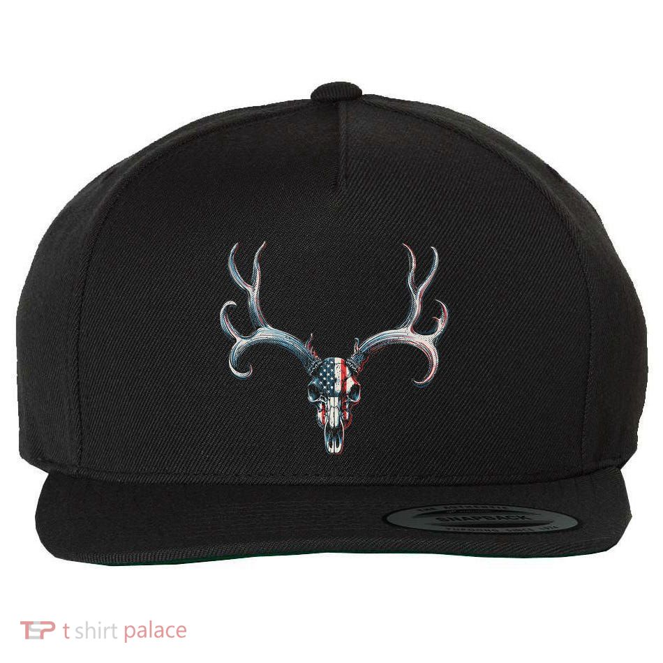 Mule Deer Hunting American Flag On Buck Skull Wool Snapback Cap