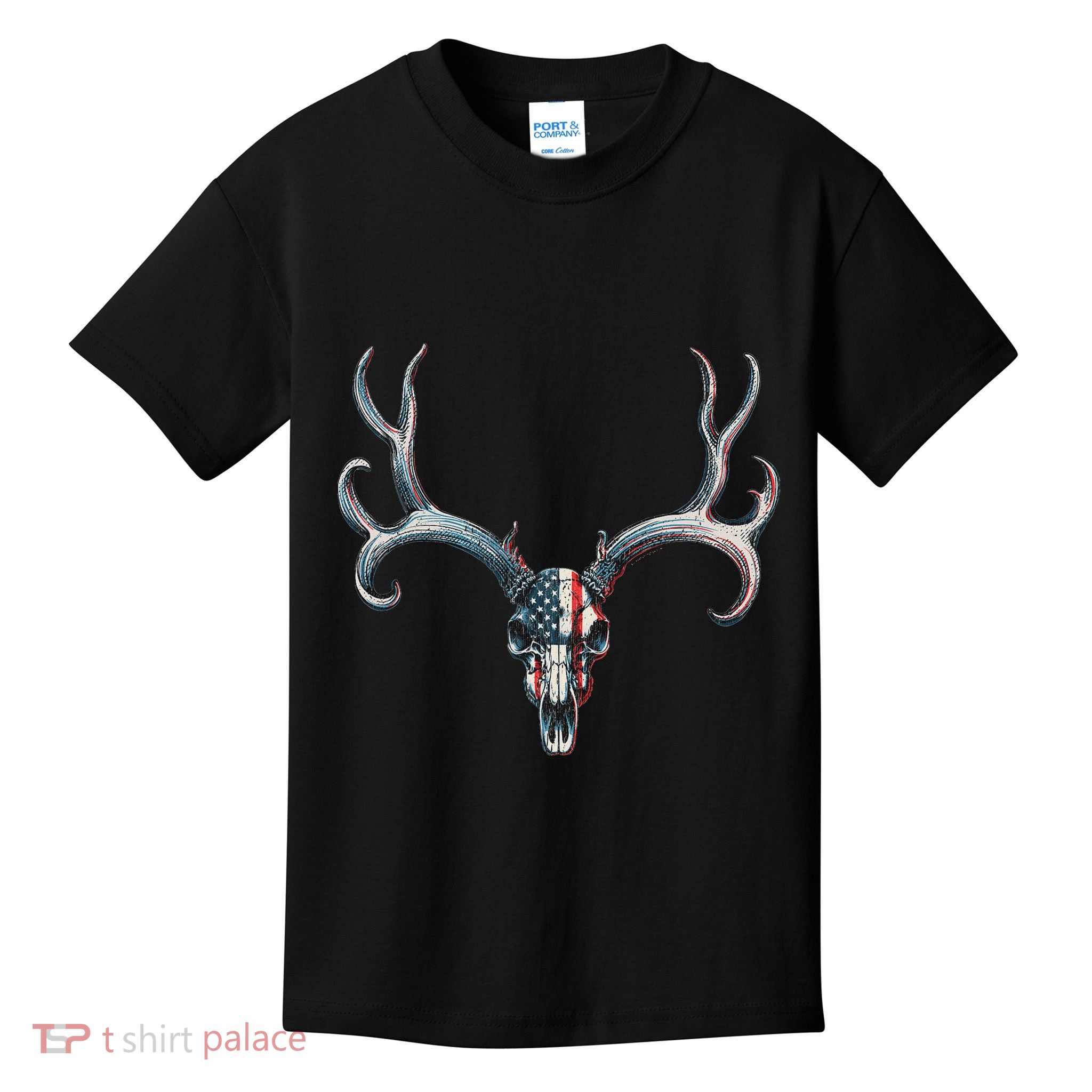 Mule Deer Hunting American Flag On Buck Skull Kids T-Shirt