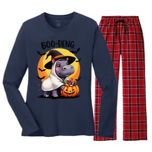 Moo Deng Halloween Boo Deng Costume Moodeng Hippo Women's Long Sleeve Flannel Pajama Set 