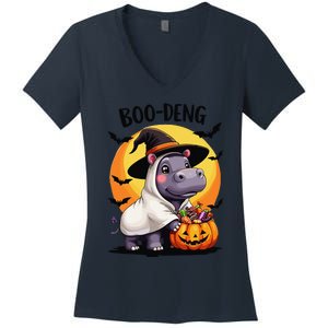 Moo Deng Halloween Boo Deng Costume Moodeng Hippo Women's V-Neck T-Shirt