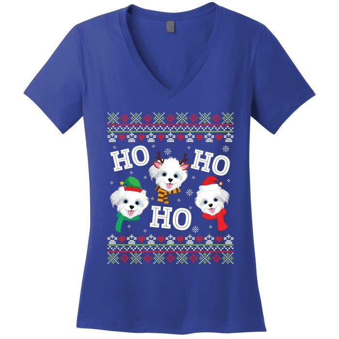 Morkie Dog Ho Ho Ho Merry Christmas Day Dad Mom Ugly Sweat Cool Gift Women's V-Neck T-Shirt