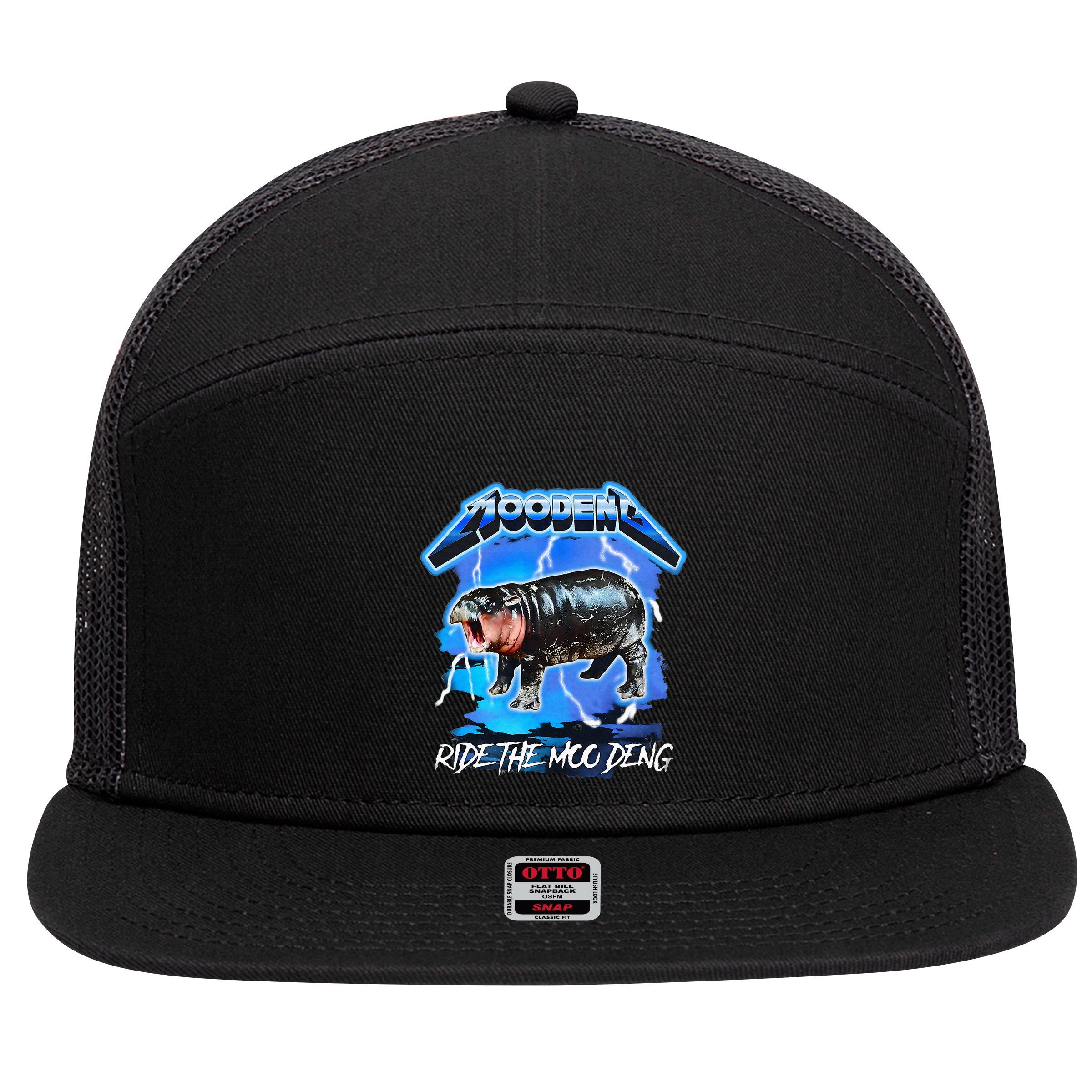 Moo Deng Hippo Ride The Moo Deng 7 Panel Mesh Trucker Snapback Hat