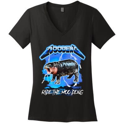 Moo Deng Hippo Ride The Moo Deng Women's V-Neck T-Shirt