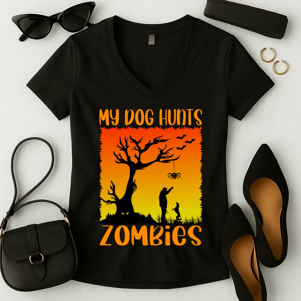 My Dog Hunts Zombies Halloween Women's V-Neck T-Shirt