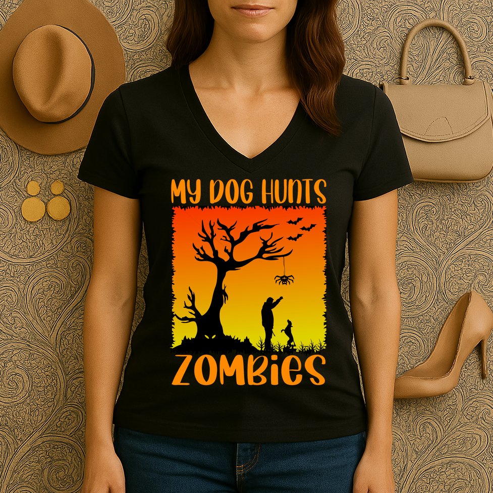 My Dog Hunts Zombies Halloween Women's V-Neck T-Shirt