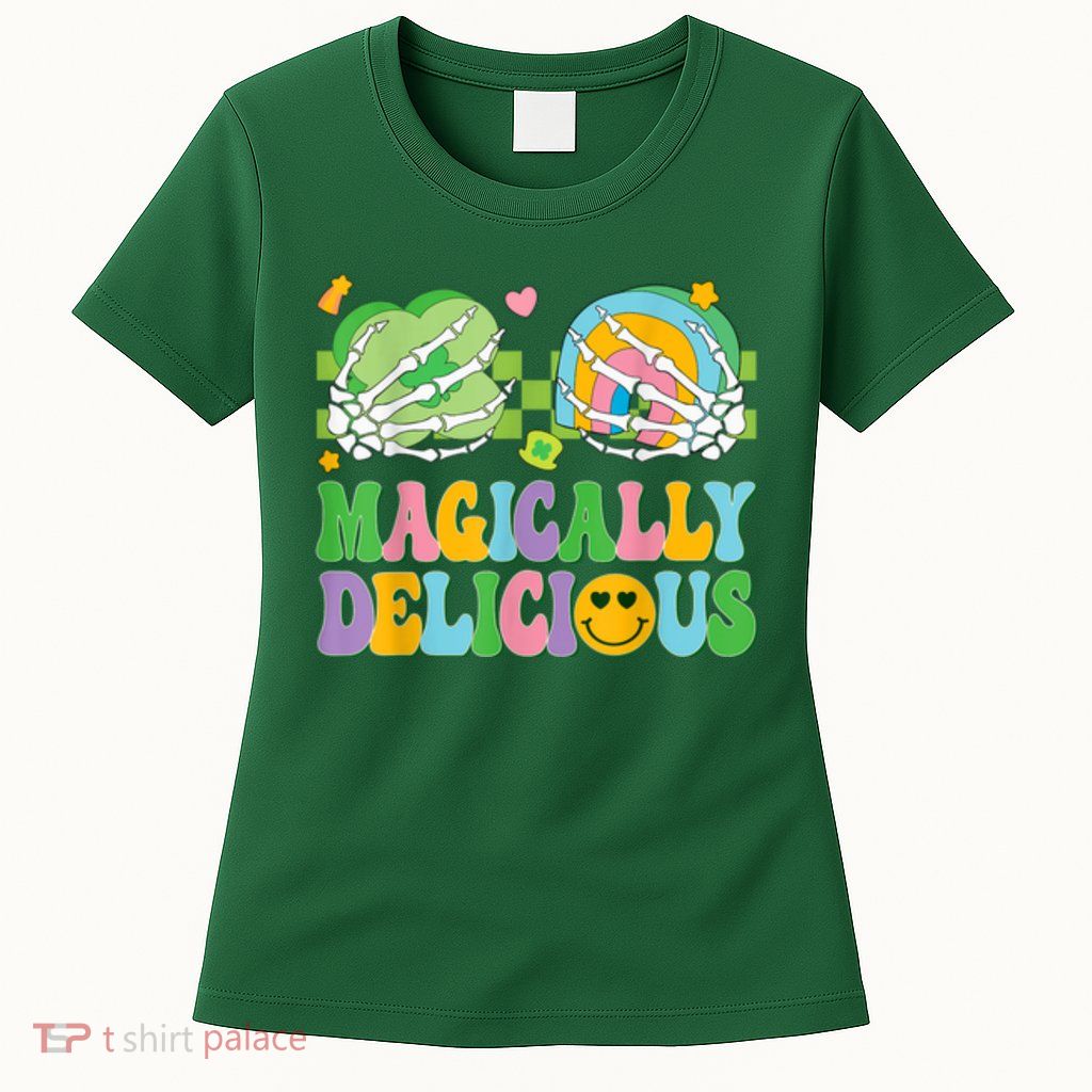 Magically Delicious Hippie St Patrick’s Day Skeleton Charms Womens T-Shirt
