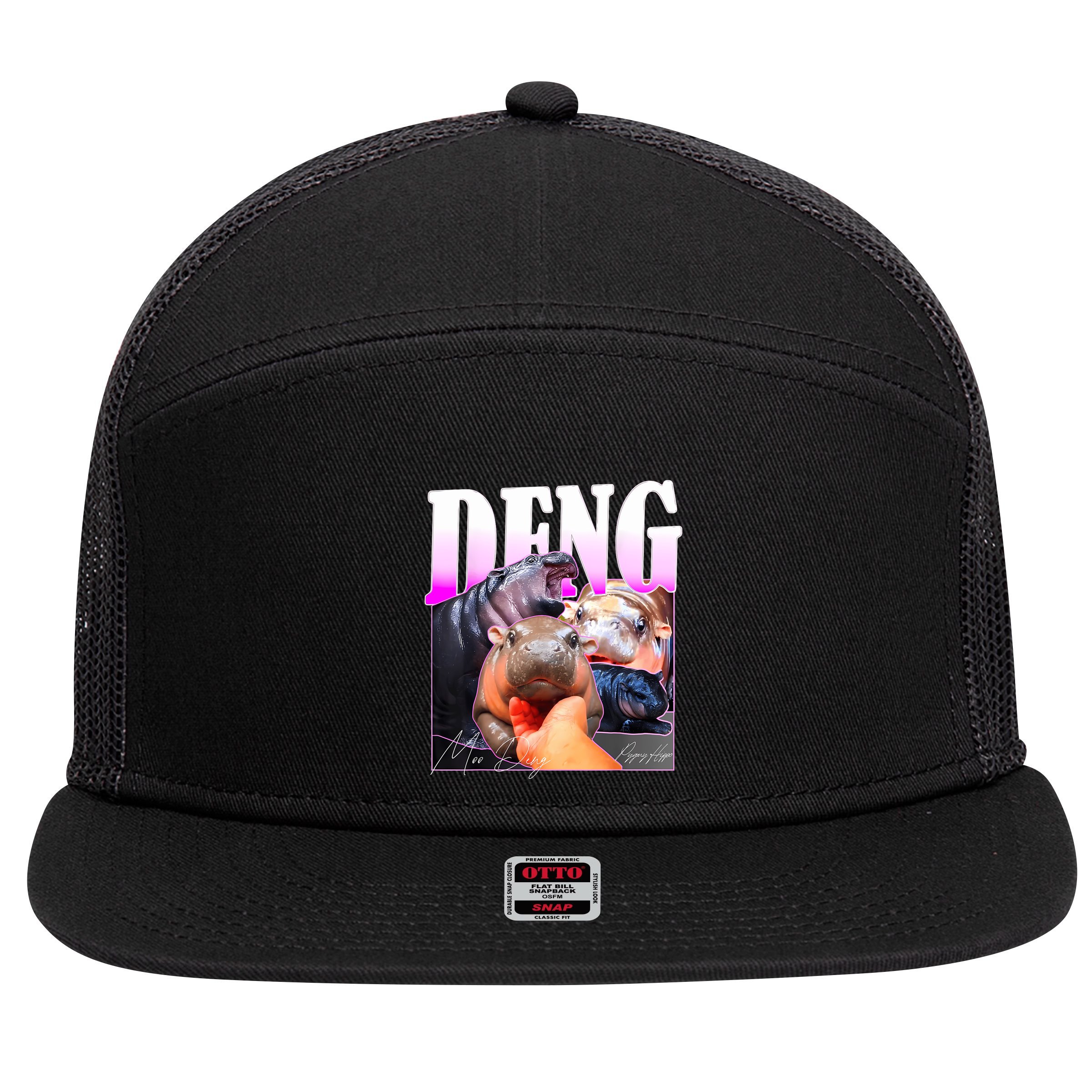 Moo Deng Hippo Baby Pygmy Funny 7 Panel Mesh Trucker Snapback Hat