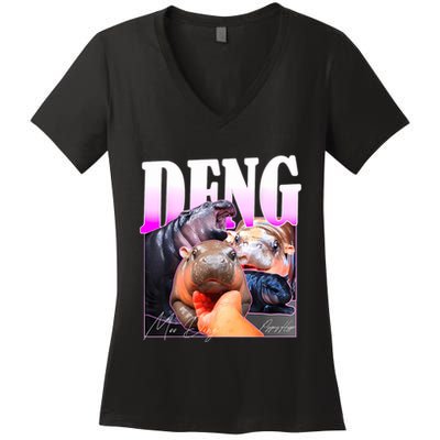 Moo Deng Hippo Baby Pygmy Funny Women's V-Neck T-Shirt