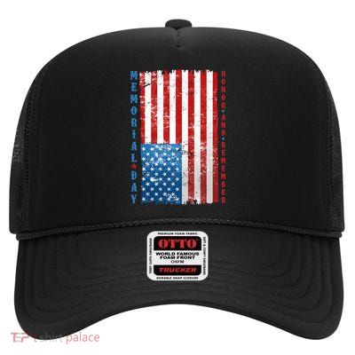 Memorial Day Honor And Remember Distressed USA American Flag High Crown Mesh Back Trucker Hat