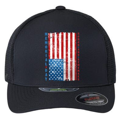 Memorial Day Honor And Remember Distressed USA American Flag Flexfit Unipanel Trucker Cap