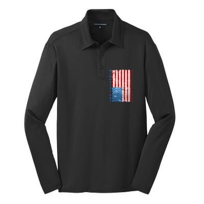 Memorial Day Honor And Remember Distressed USA American Flag Silk Touch Performance Long Sleeve Polo