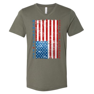 Memorial Day Honor And Remember Distressed USA American Flag V-Neck T-Shirt