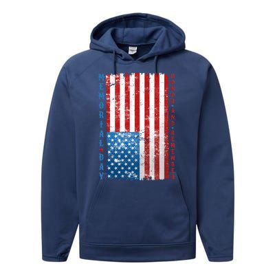 Memorial Day Honor And Remember Distressed USA American Flag Performance Fleece Hoodie