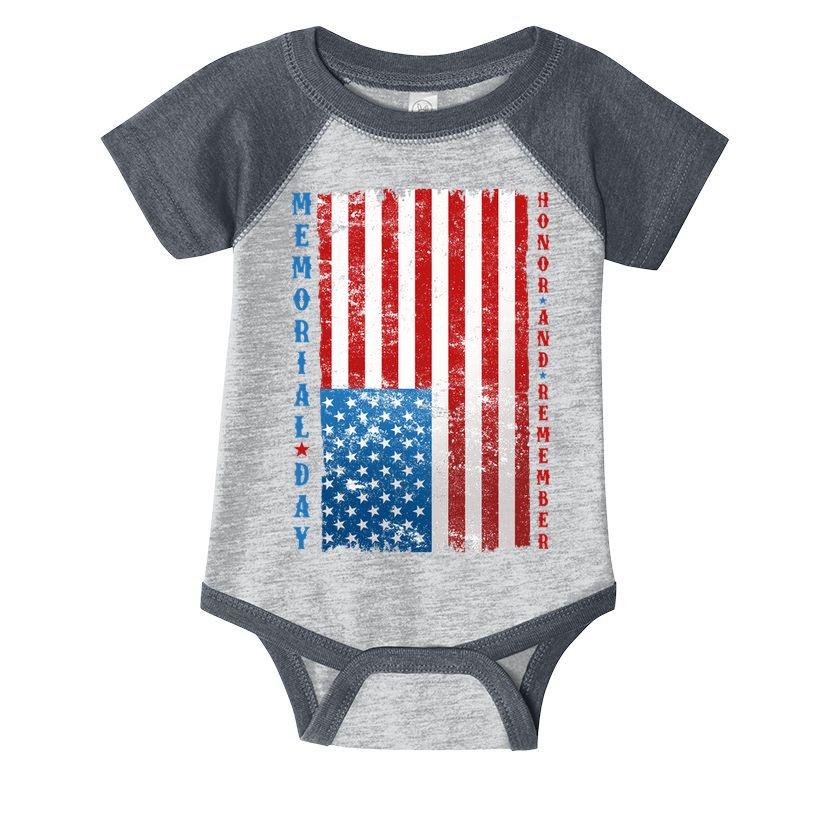Memorial Day Honor And Remember Distressed USA American Flag Infant Baby Jersey Bodysuit