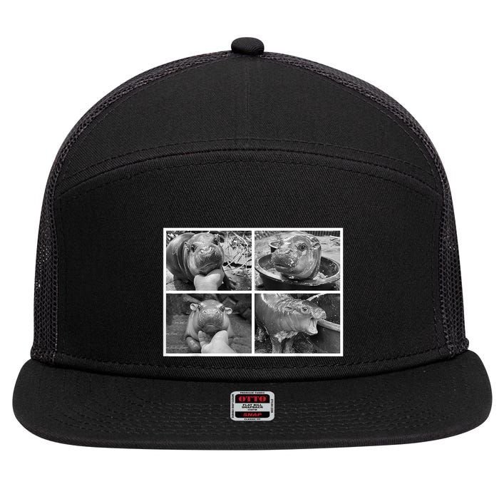 Moo Deng Hippo Photo Funny Pygmy Hippopotamus 7 Panel Mesh Trucker Snapback Hat