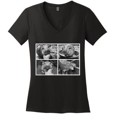 Moo Deng Hippo Photo Funny Pygmy Hippopotamus Women's V-Neck T-Shirt