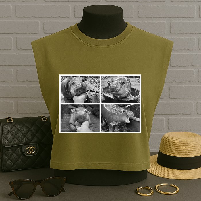 Moo Deng Hippo Photo Funny Pygmy Hippopotamus Garment-Dyed Women's Muscle Tee