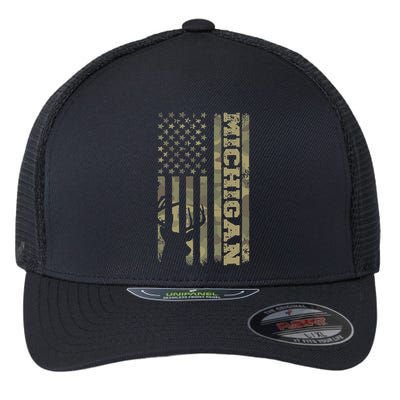 Michigan Deer Hunter Vintage Deer Hunting Camo Usa Flag Flexfit Unipanel Trucker Cap