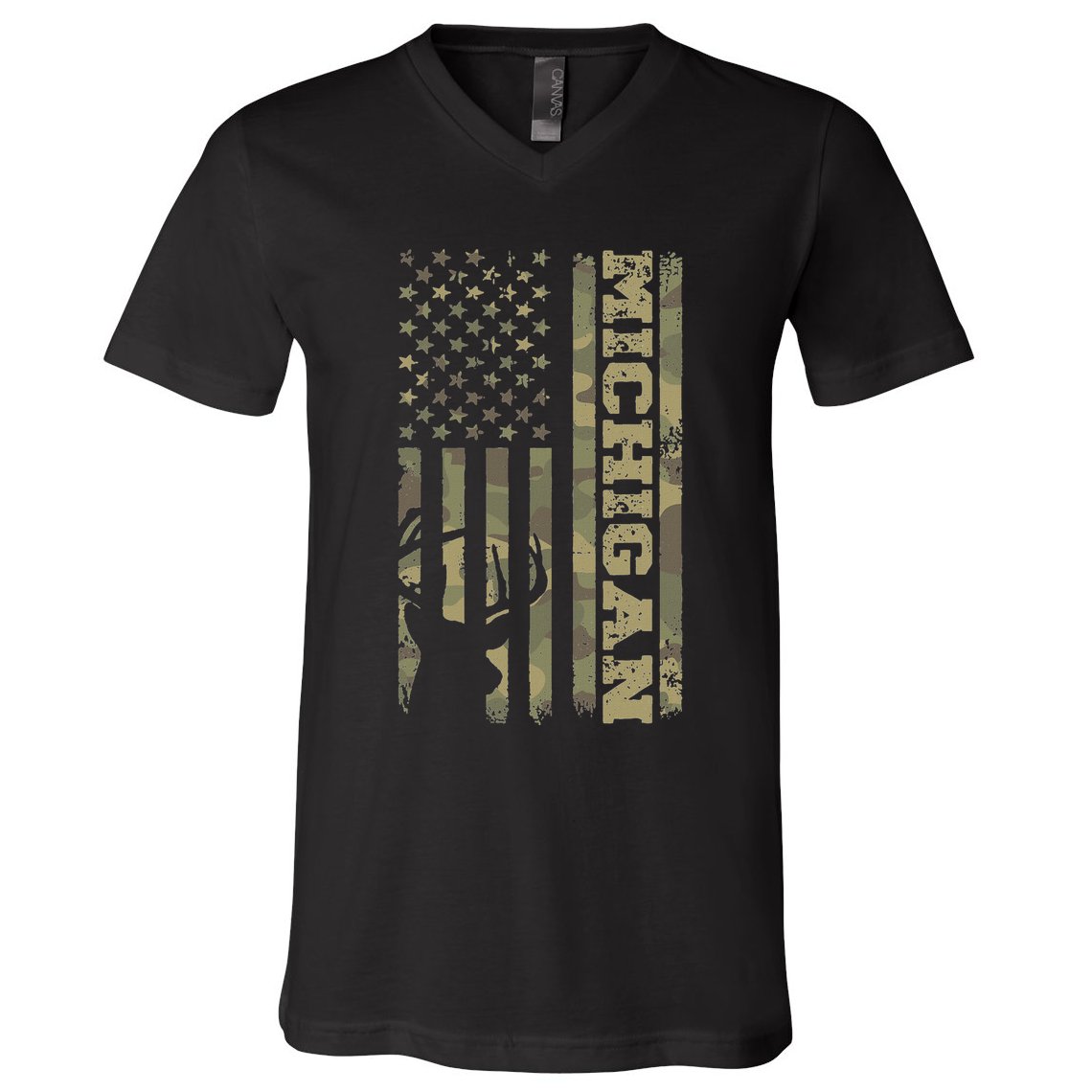 Michigan Deer Hunter Vintage Deer Hunting Camo Usa Flag V-Neck T-Shirt