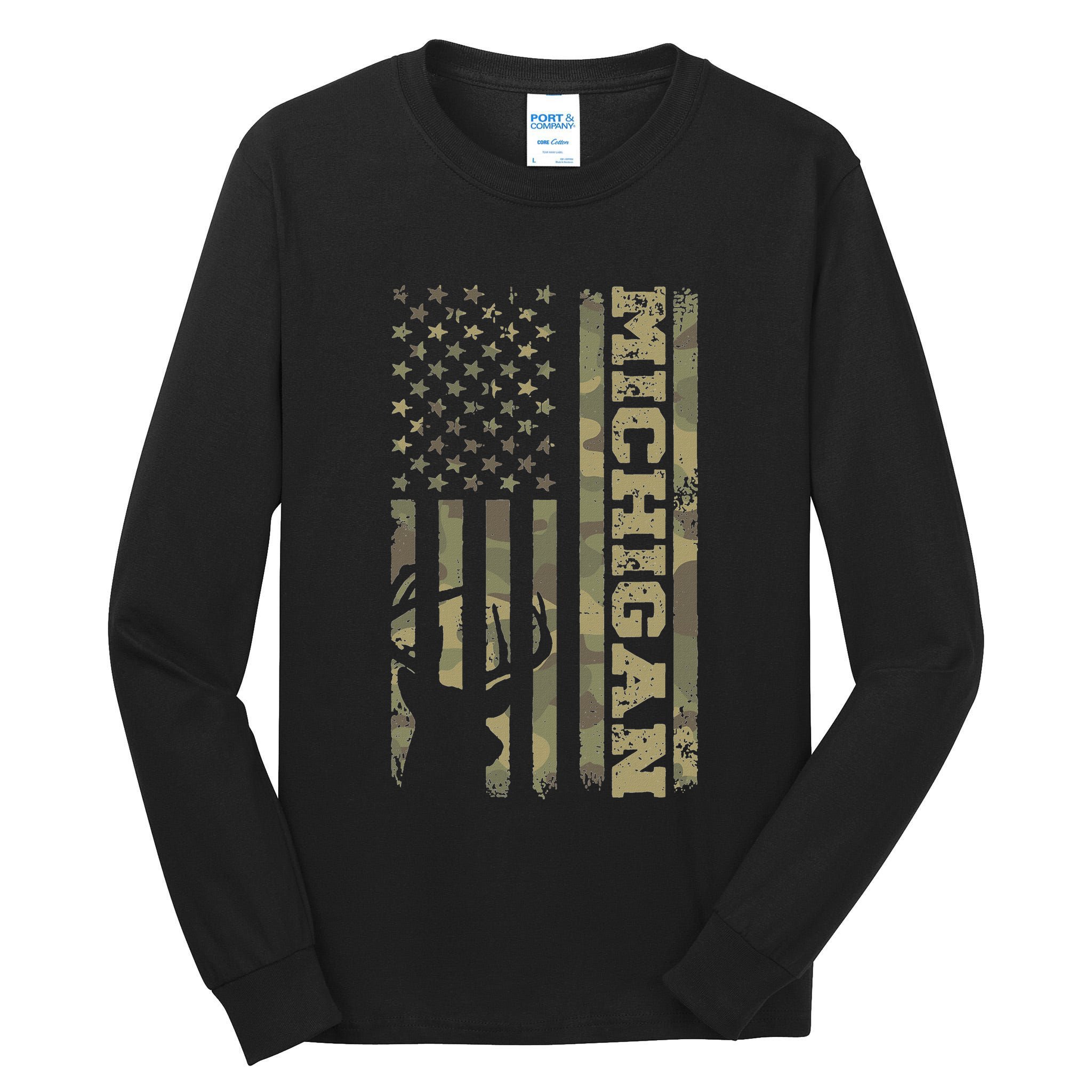 Michigan Deer Hunter Vintage Deer Hunting Camo Usa Flag Tall Long Sleeve T-Shirt