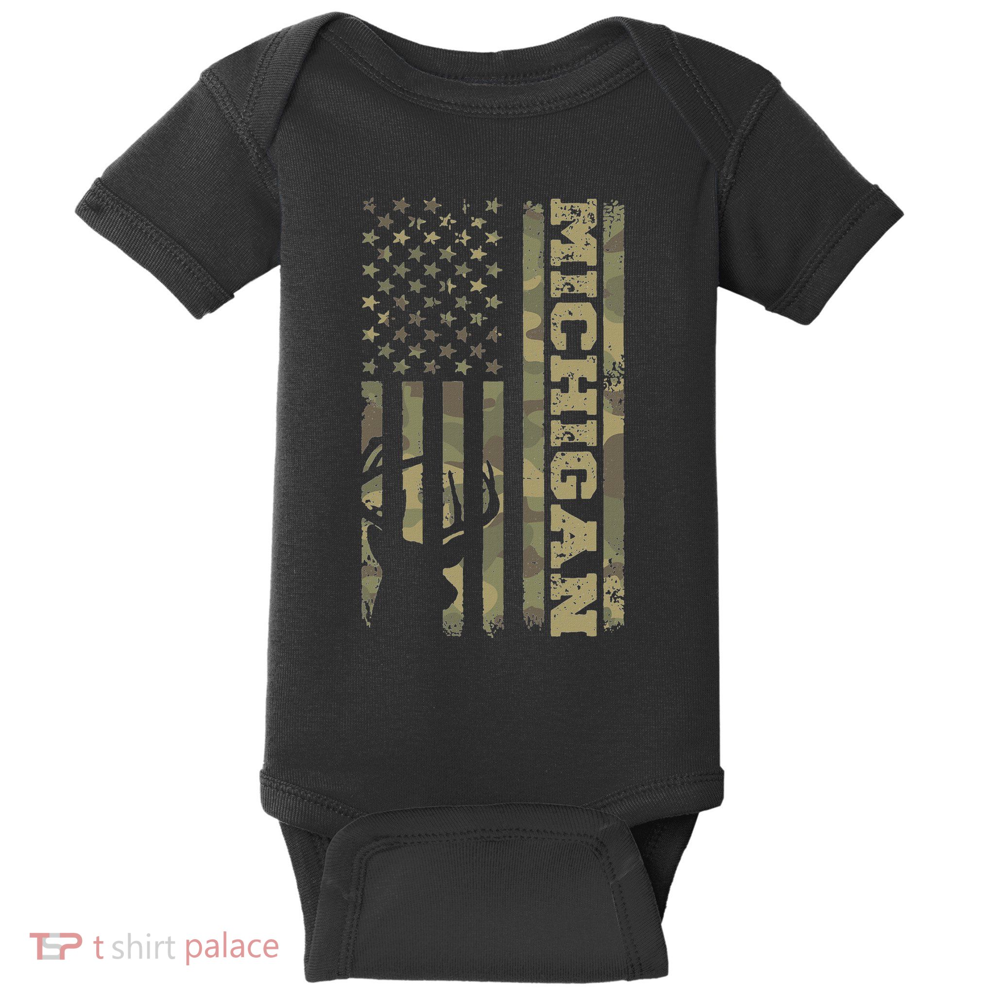 Michigan Deer Hunter Vintage Deer Hunting Camo Usa Flag Baby Bodysuit