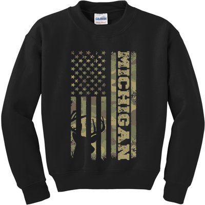 Michigan Deer Hunter Vintage Deer Hunting Camo Usa Flag Kids Sweatshirt
