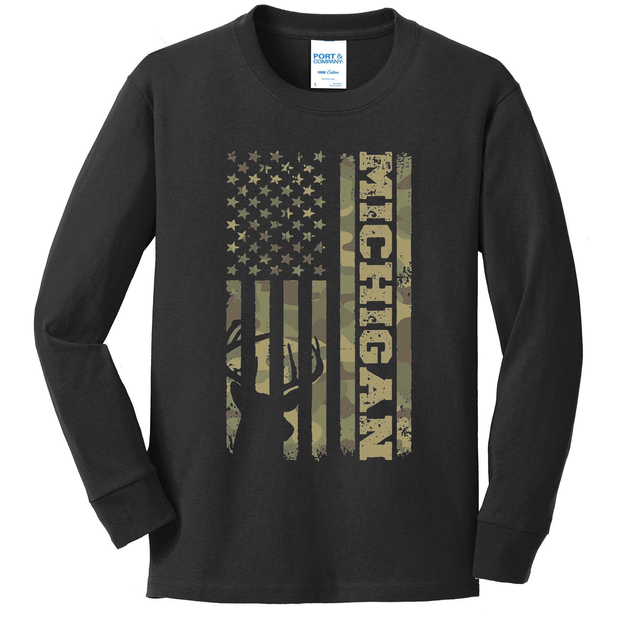 Michigan Deer Hunter Vintage Deer Hunting Camo Usa Flag Kids Long Sleeve Shirt