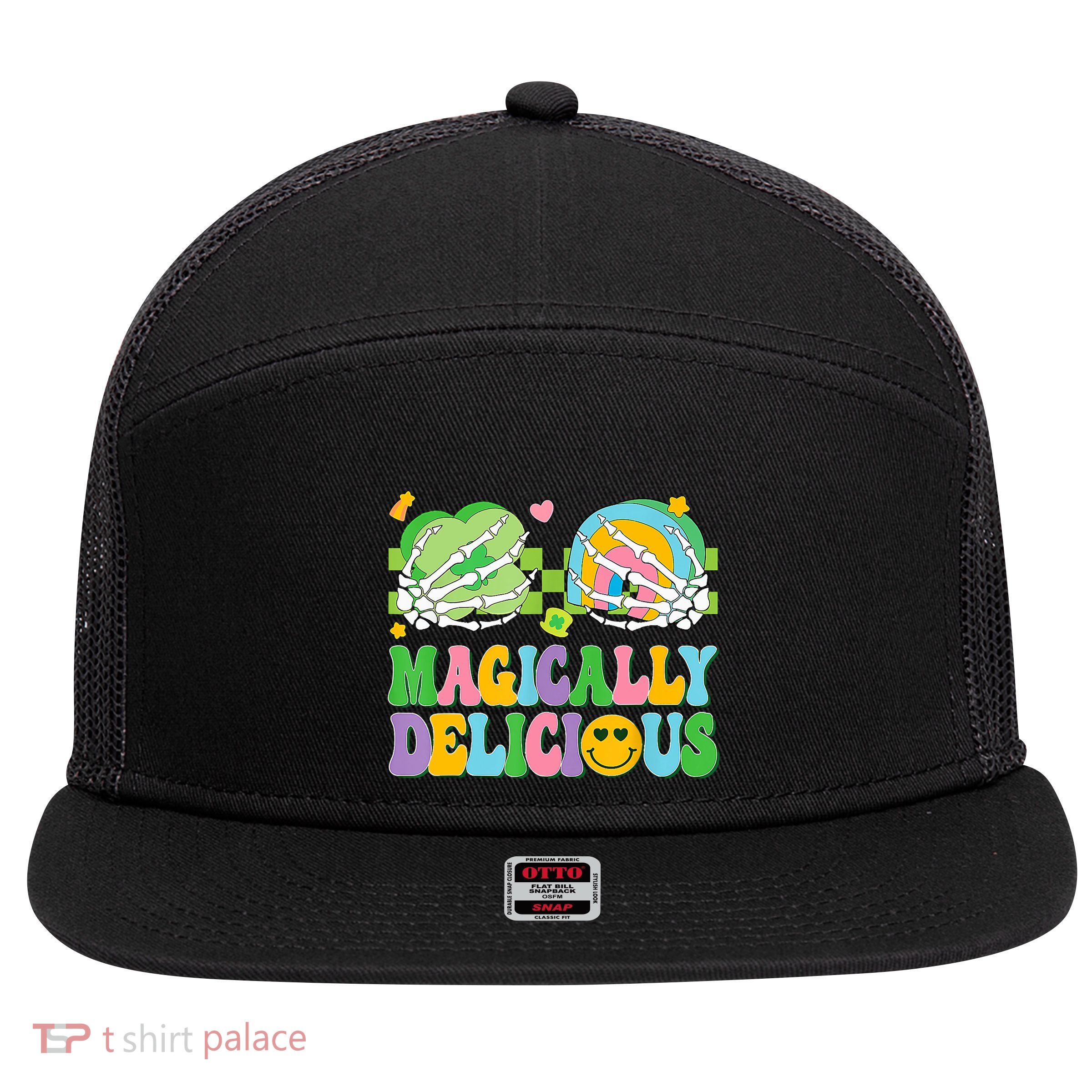 Magically Delicious Hippie St Patrick's Day Skeleton Charms 7 Panel Mesh Trucker Snapback Hat