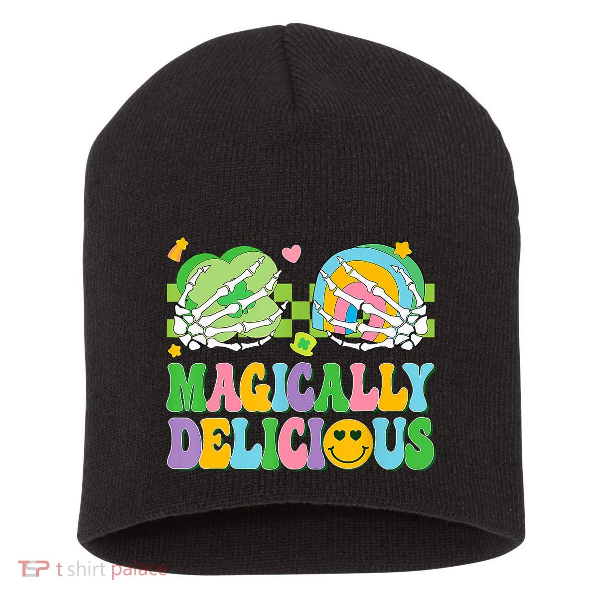 Magically Delicious Hippie St Patrick's Day Skeleton Charms Short Acrylic Beanie