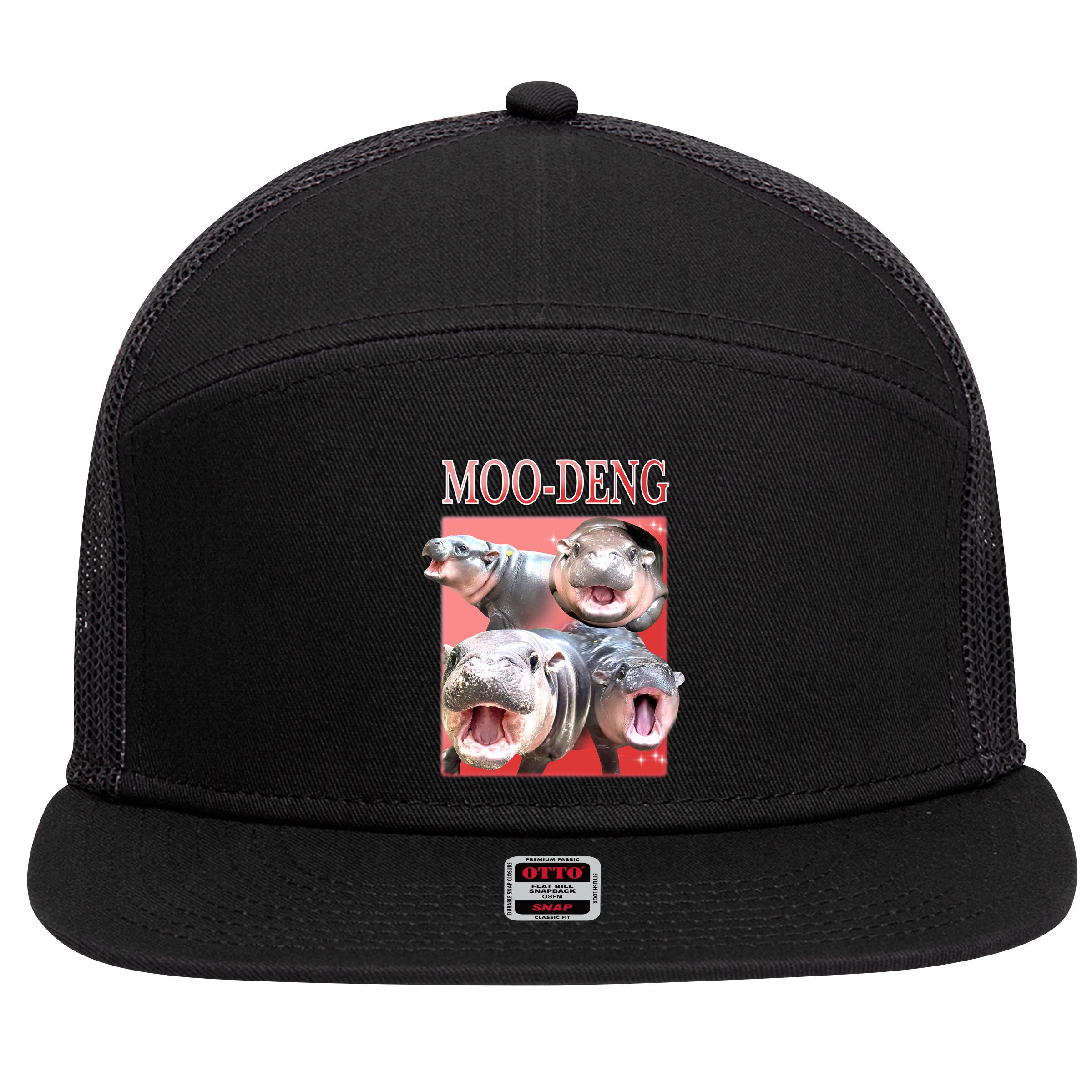 Moo Deng Hippo Meme Funny 7 Panel Mesh Trucker Snapback Hat
