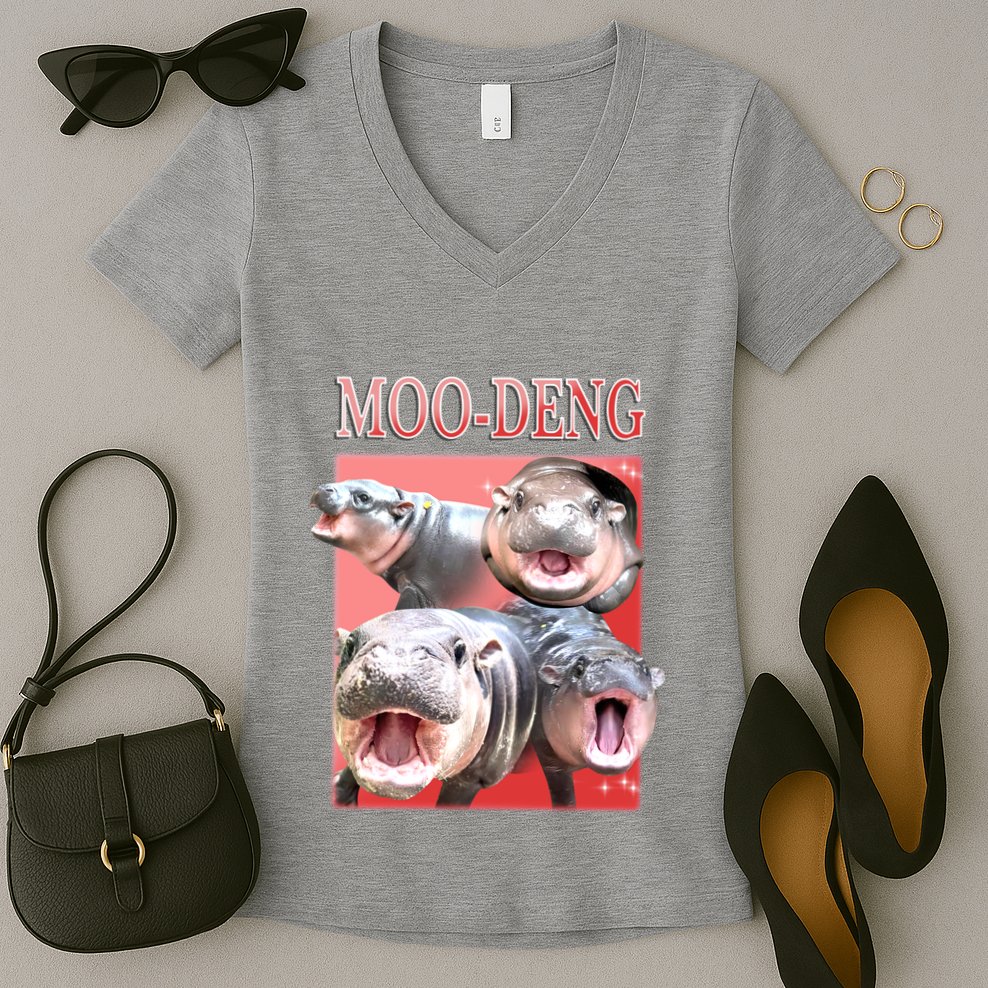 Moo Deng Hippo Meme Funny Women's V-Neck T-Shirt