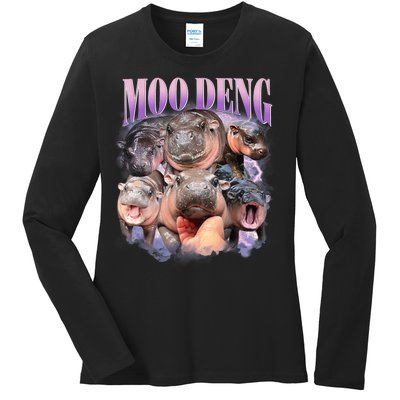 Moo Deng Hippo Meme Funny Ladies Long Sleeve Shirt