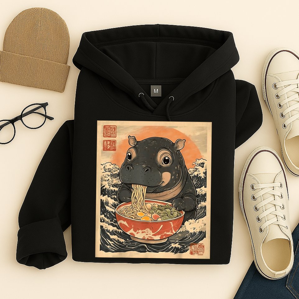 Moo Deng Hippo Eat Ramen For Japanese Style Hoodie