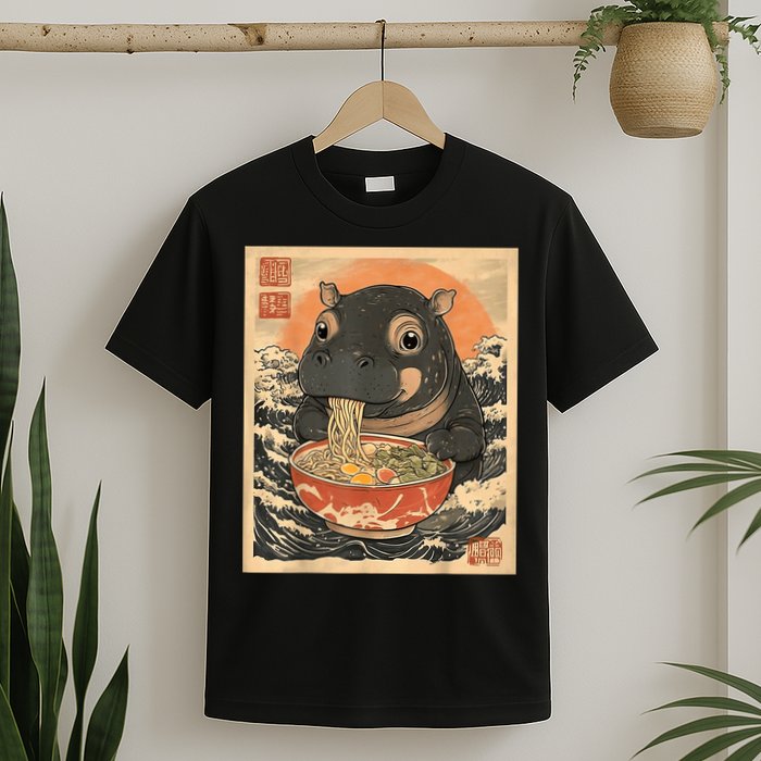 Moo Deng Hippo Eat Ramen For Japanese Style T-Shirt