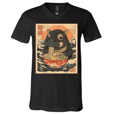 Moo Deng Hippo Eat Ramen For Japanese Style V-Neck T-Shirt