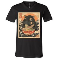 Moo Deng Hippo Eat Ramen For Japanese Style V-Neck T-Shirt