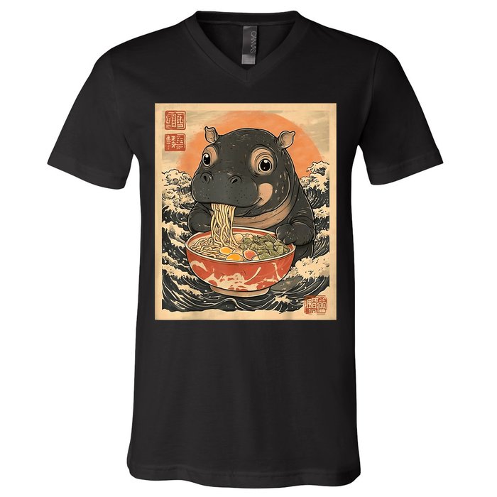 Moo Deng Hippo Eat Ramen For Japanese Style V-Neck T-Shirt