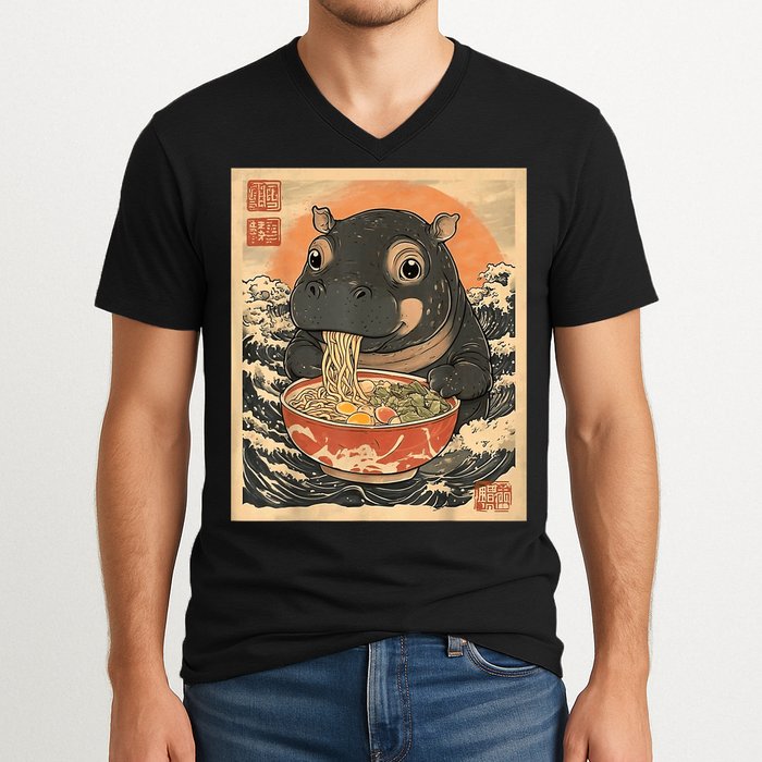 Moo Deng Hippo Eat Ramen For Japanese Style V-Neck T-Shirt